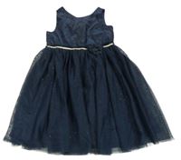 Tmavomodro-zlaté saténovo/tylové slavnostní třpytivé šaty H&M