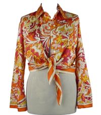 Dámská oranžovo-červeno-bílá vzorovaná crop halenka s uzlem 