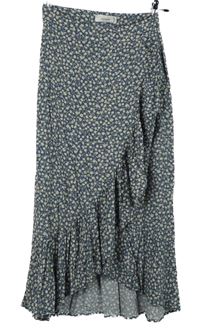 Dámská tmavomodro-béžová vzorovaná midi sukně s volánkem Pull&Bear