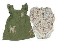 Nové- 2set- zelené manšestrové šaty se zvířátky+ bílé body se zvířátky Tu