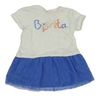 Bílo-modré bavlněno/tylové šay s nápisem 