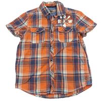 Oranžovo-tmavamodrá kostkovaná košile s nápisem H&M