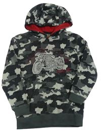 Černo-šedá army fleecová mikina s motorkou a kapucí Urban