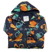 Tmavomodrá šusťáková zimní bunda se stavebními stroji a kapucí Nutmeg