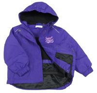 Fialová šusťáková zimní bunda s nápisem a kapucí Lupilu