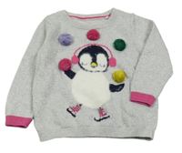 Stříbrný lehký svetr s tučňákem a bambulkami M&S