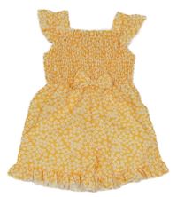 Žluto-bílý květovaný kraťasový overal se žabičkováním 