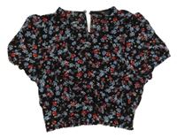 Černo-modro-červená květovaná crop halenka New Look