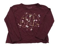 Vínové triko s kytičkami a nápisem Primark