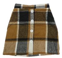Béžovo-černo-bílá kostkovaná sukně s knoflíčky 