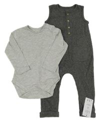 Nové - 2set - Šedé žebrované laclové tepláky + body George 