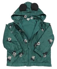 Tmavozelená šusťáková jarní bunda s Mickeym a kapucí H&M