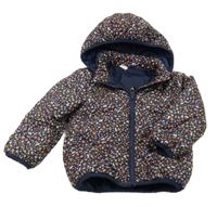 Tmavomodrá šusťáková prošívaná zimní bunda s kytičkami a kapucí H&M