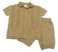 2set - Béžové svetrové propínací vlněný svetr s límečkem + kraťasy Next