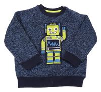 Tmavomodro-modrá melírovaná pletená mikina s robotem F&F