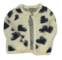 Bílo-tmavomodrý  chlupatý propínací svetr se srdíčky DJ DUTCH JEANS