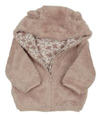 Světlepudrová chlupatá podšitá bunda s kapucí s oušky Tu