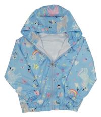Světlemodrá šusťáková jarní bunda s obrázky a kapucí 