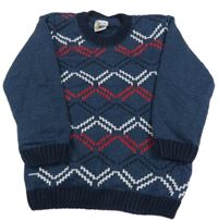 Tmavomodro-červeno-bílý vzorovaný pletený svetr 
