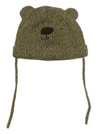 Hnědošedo-béžová melírovaná pletená zavazovací čepice - medvídek H&M