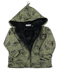 Khaki melírovaná šusťáková jarní zateplená bunda s dinosaury a kapucí s ostny mick mack