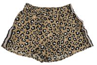 Hnědo-černo-bílé vzorované kraťasy se srdíčky a pruhy 