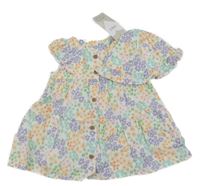 Nové - 2Set - Bílo-barevné kytičkované plátěné propínací šaty s volánky + klobouk M&S