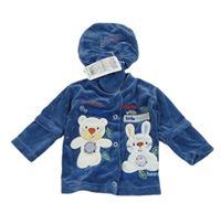 3set - Tmavomodrá sametová propínací mikina se zvířaty a kapucí + čepice + rukavičky
