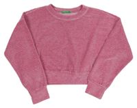 Tmavorůžovo-stříbrná pruhovaná sametová crop mikina Benetton