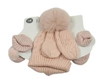 Nové - 3set - Růžová pletená čepice s bambulí + rukavice + capáčky s bambulí George