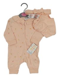 Nové - 3set - Růžový květovaný overal s límečkem + čelenka s mašlí + slinták Primark