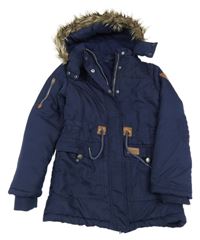 Tmavomodrá šusťáková zimní parka s kapucí s kožešinou Yigga