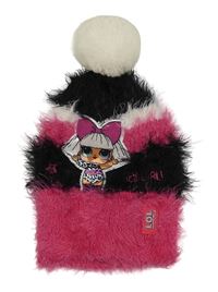 Tmavorůžovo-černo-bílá chlupatá čepice s L.O.L. Surprise a bambulí Tu