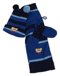 3set - Tmavomodro-modrá pruhovaná šála s medvědem + čepice + rukavice na šňůře