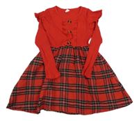 Červené žebrované šaty s kostkovanou sukní shein