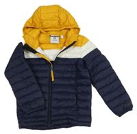 Tmavomodro-bílo-žlutá šusťáková zateplená prošívaná bunda s kapucí tog 24