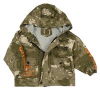 Khaki-smetanová vzorovaná plátěná jarní bunda s kapsami a nápisy a kapucí 