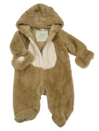 Hnědá kožešinová podšitá kombinéza s kapucí + rukavice Next