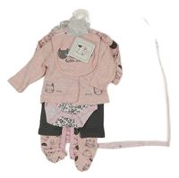 Nové - 7 set - růžové propínací triko s kočkou + bryndák + čepice + vzrované body + legíny + overal + deka 