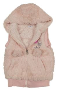 Světlerůžová kožešinová vzorovaná zateplená vesta se srdíčky a kapucí 