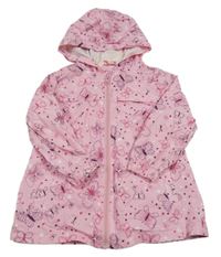 Světlerůžová šusťáková jarní bunda s motýlky a kapucí 