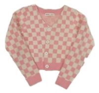 Růžovo-bílý kostkovaný chlupatý propínací crop svetr Shein