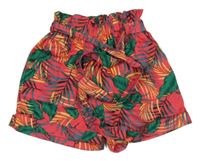 Fuchsiovo-zeleno-žluté kraťasy s listy a páskem 