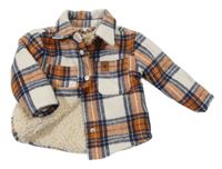 Bílo-oranžovo-tmavomodrá kostkovaná vlněná zateplená košilová bunda Ergee
