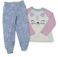 Bílo-růžovo-modré fleecové pyžamo s kočkou Primark