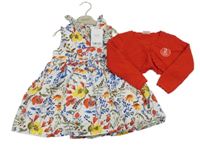 Nové - 2set- bílé květinové plátěné šaty+ červené bolerko Next