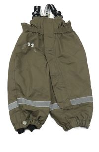 Hnědé šusťákové oteplovačky s potiskem a kšandami 