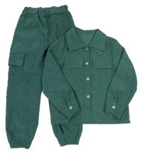 2set- tmavozelená manšestrová halenka+ kalhoty s kapsami Shein