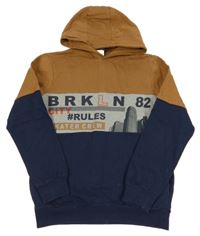 Béžovo-šedo-tmavomodrá mikina s nápisem a kapucí Y.F.K.