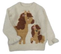 Béžový chlupatý svetr s koňmi 